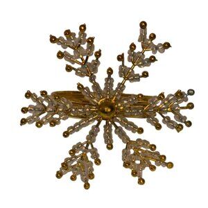 Set 6 White Clear Seed Beaded Gold Winter Christmas Snowflake Napkin Rings